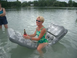 Marcia demonstrates true ladylike poise on the air mattress
